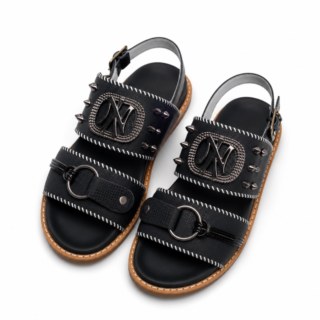 Mens Black Strap Sandals with Decorative Studs